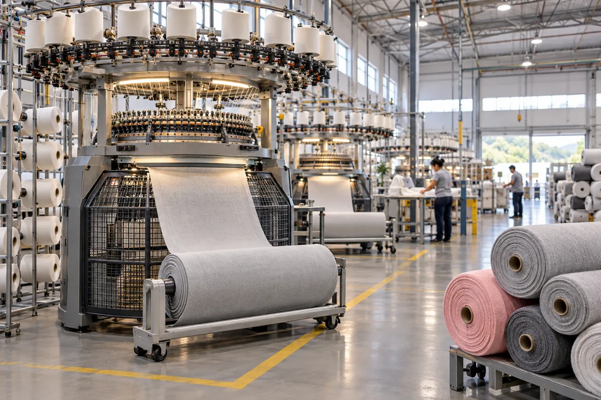 Máquinas circulares de malharia produzindo tecido numa fábrica têxtil