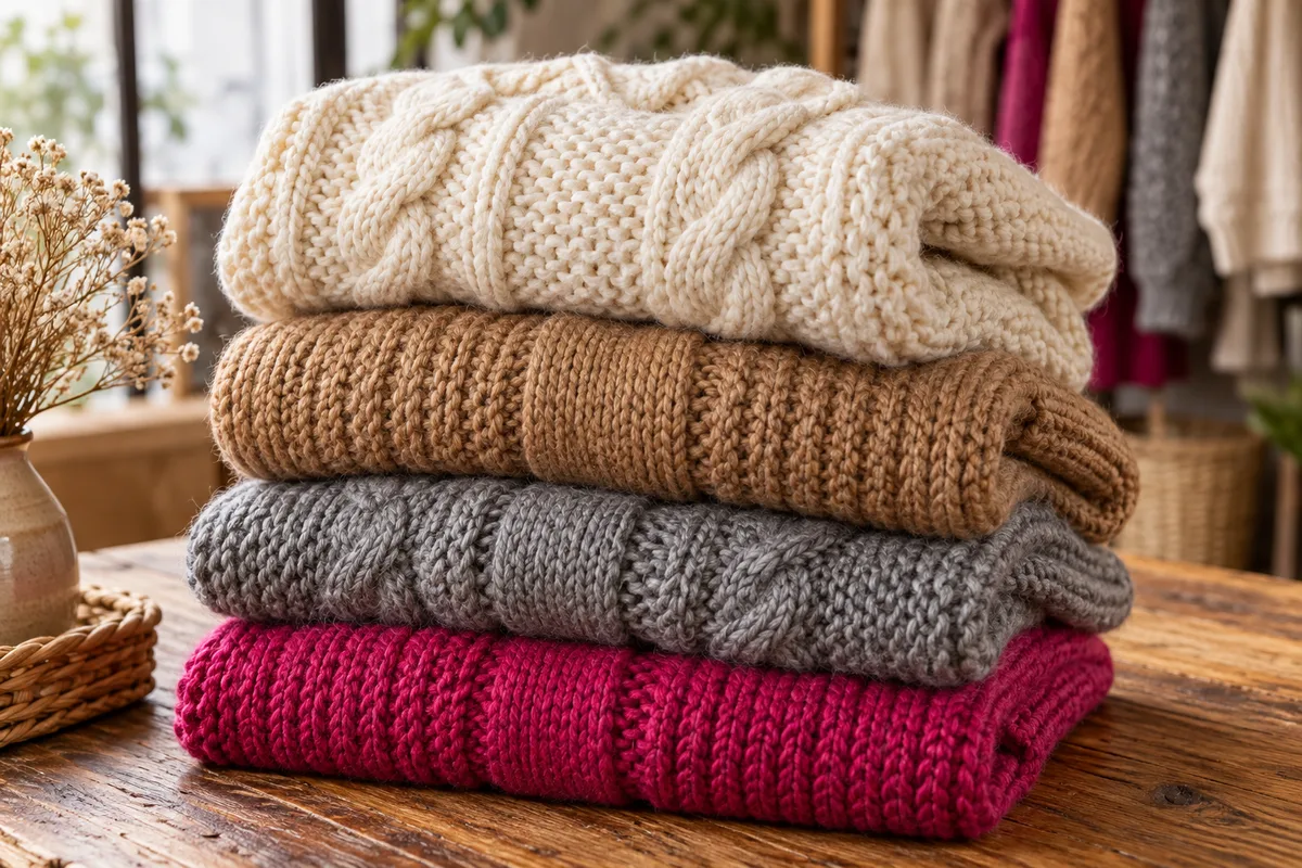 Pilha de tricôs e cardigãs de inverno em tons neutros e rosa