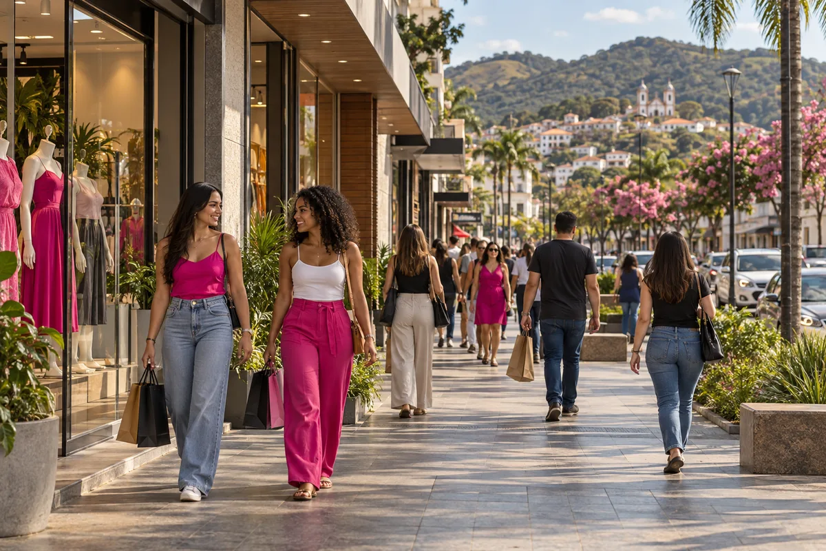 Rua comercial de Belo Horizonte com lojas de roupa e compradoras na calçada