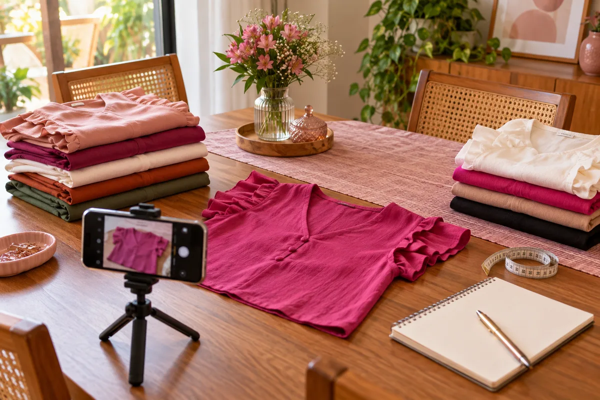 Mesa de casa com roupas dobradas, celular fotografando uma peça e um caderno de anotações