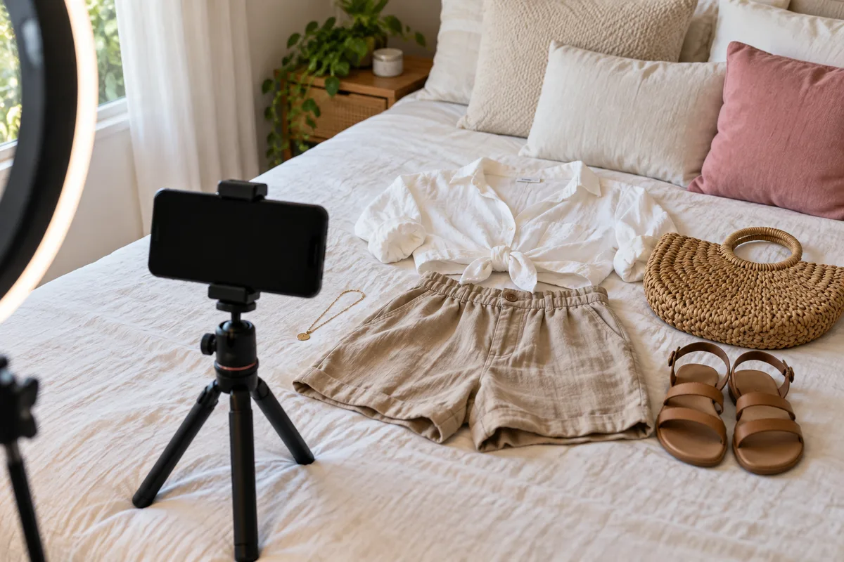 Celular num tripé pequeno filmando uma produção de roupa arrumada sobre a cama