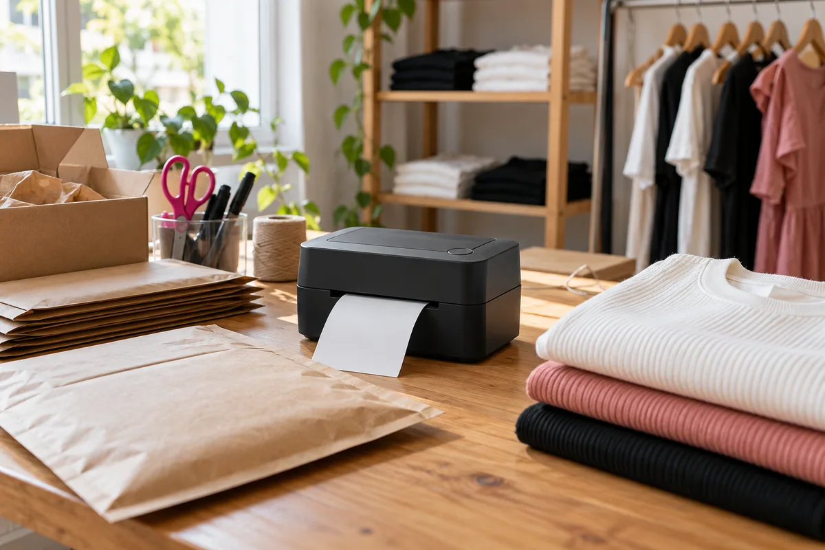 Mesa de embalagem com envelopes pardos, impressora de etiqueta térmica e blusas dobradas