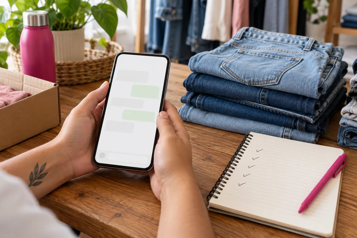 Mãos segurando o celular com uma conversa aberta ao lado de uma pilha de calças jeans dobradas e um caderno de anotações