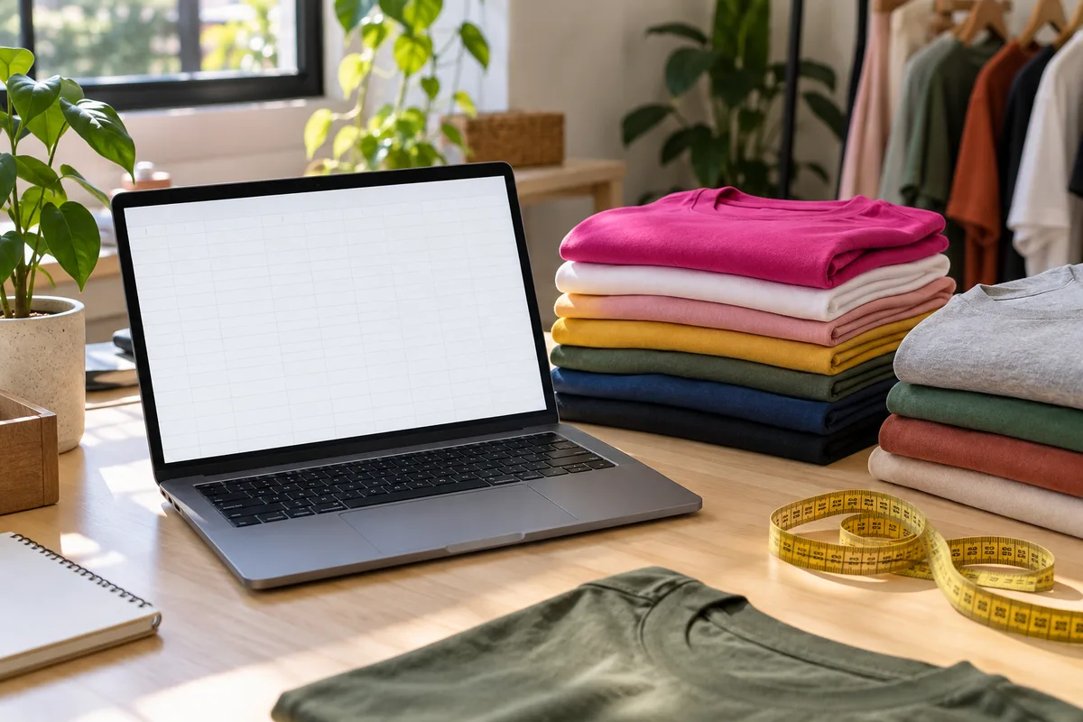 Notebook aberto sobre a mesa ao lado de camisetas dobradas e separadas por cor e uma fita métrica