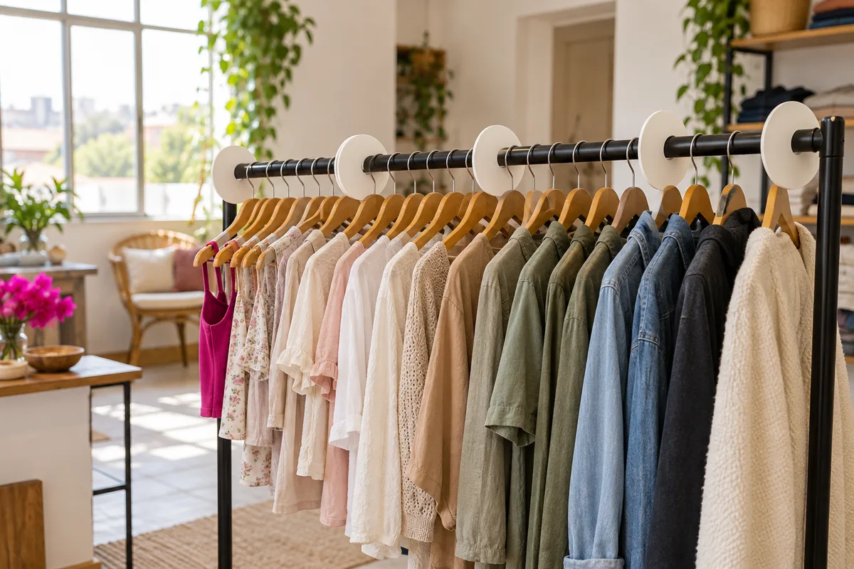 Arara de roupas organizada do tamanho menor para o maior, com separadores de tamanho sem texto, num cômodo claro