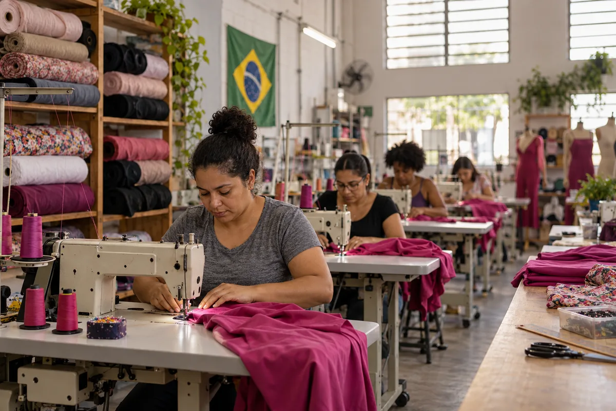 Costureiras trabalhando em máquinas industriais numa confecção brasileira