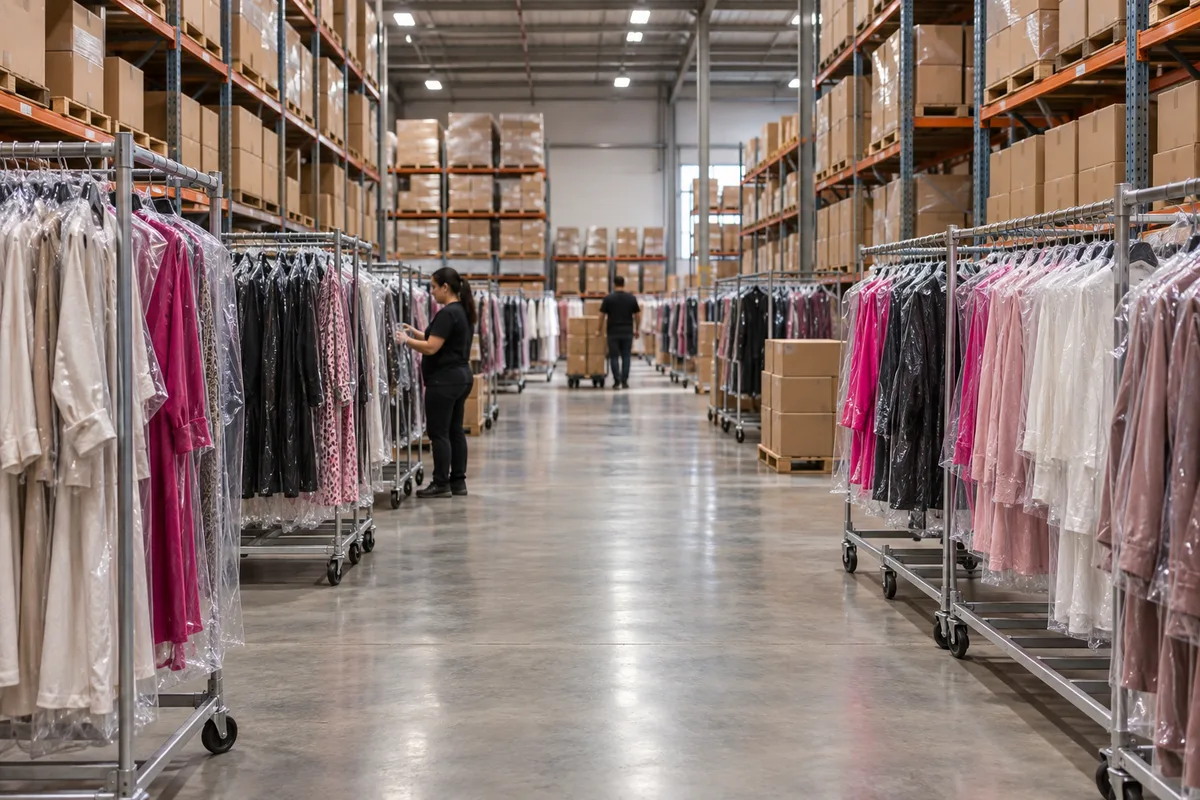 Galpão de distribuição com prateleiras de caixas e araras de roupas embaladas
