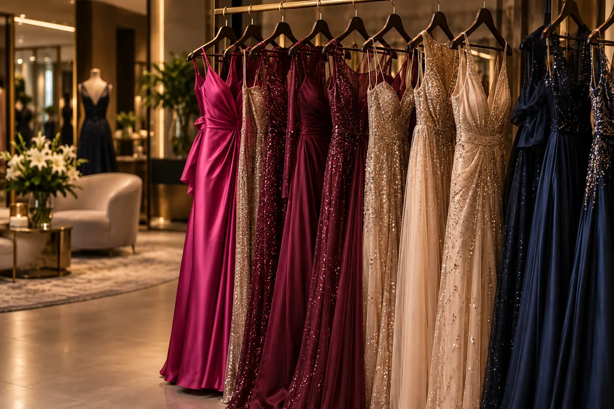 Arara de vestidos longos de festa em cetim e paetê numa boutique