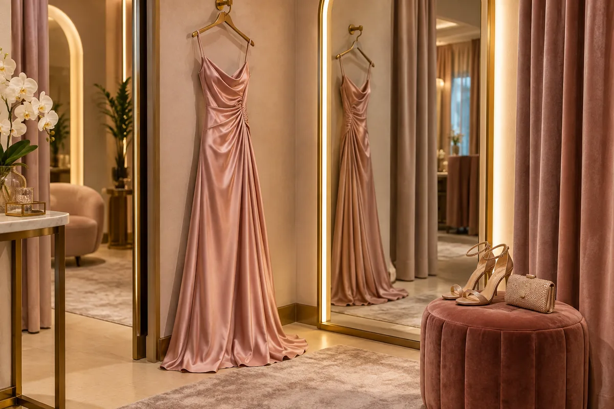 Vestido longo de festa pendurado ao lado de um espelho, com sapato e clutch