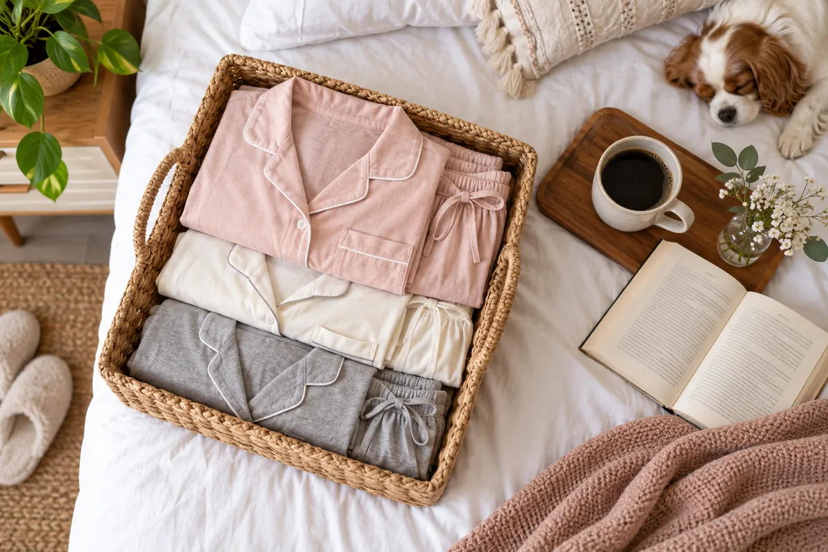 Pijamas dobrados numa cesta sobre uma cama clara, com caneca e livro ao lado