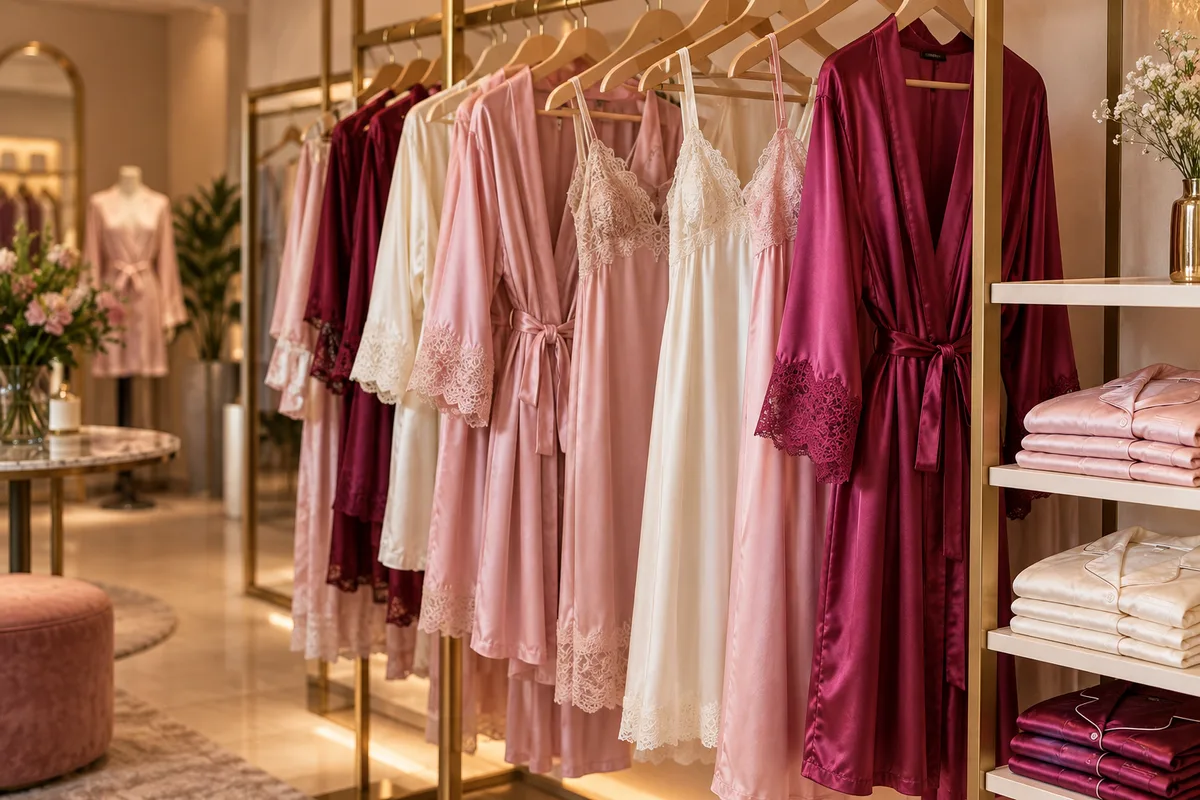 Arara de camisolas e robes de cetim em tons de rosa e marfim numa loja