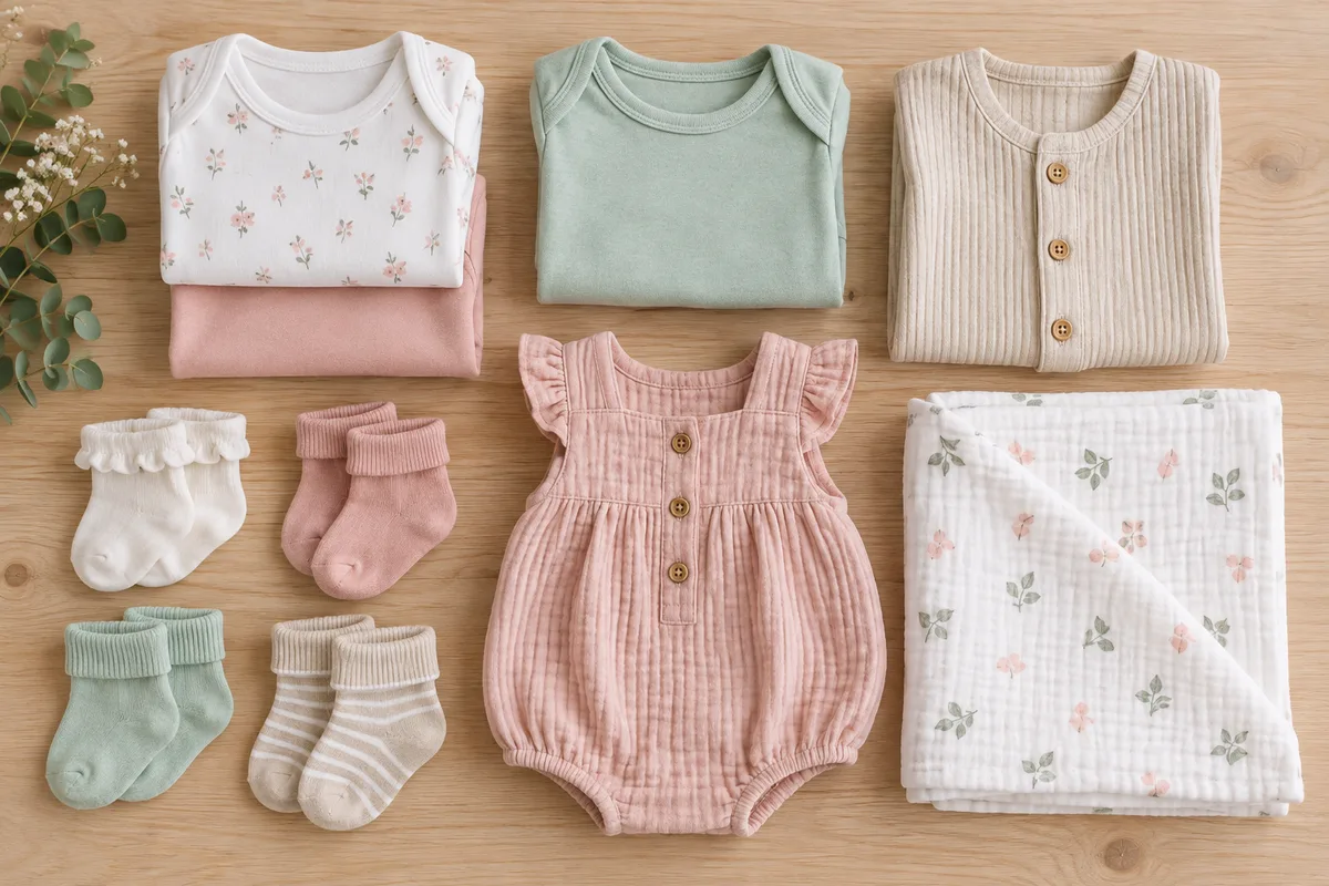 Bodies, macacões e meias de bebê dobrados sobre uma superfície de madeira clara