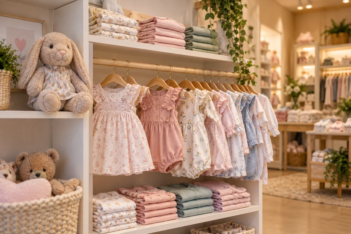 Prateleira e arara de loja com vestidos e macacões de bebê em cabides pequenos