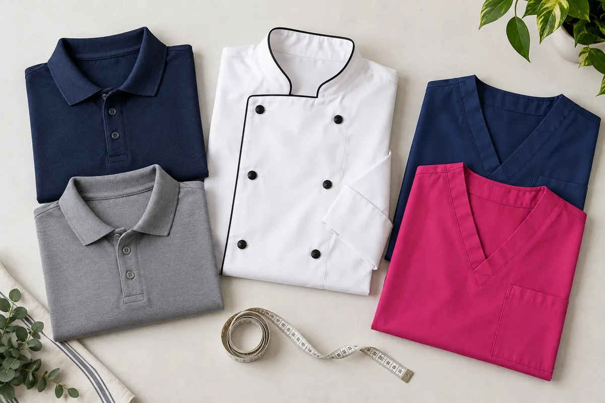 Camisas polo, dólmã e scrubs dobrados sobre uma mesa clara, com fita métrica