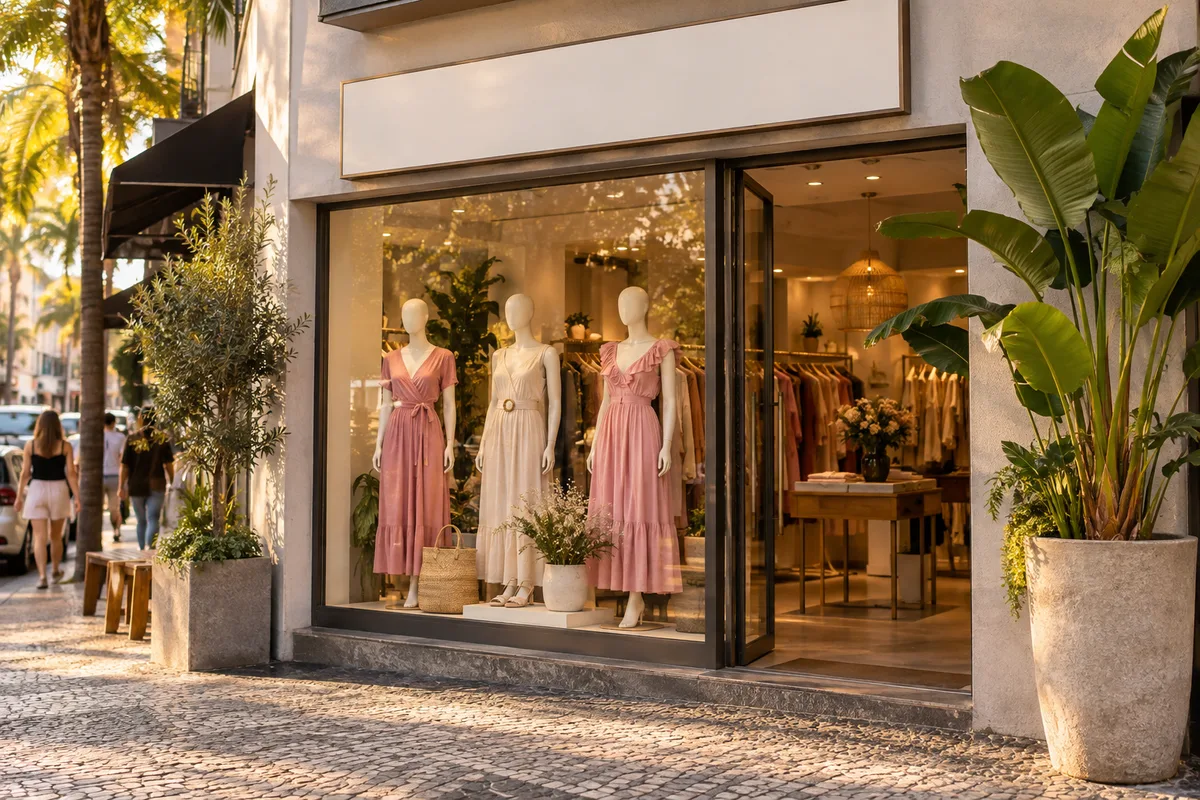Fachada de uma pequena boutique de roupas femininas com a placa ainda em branco