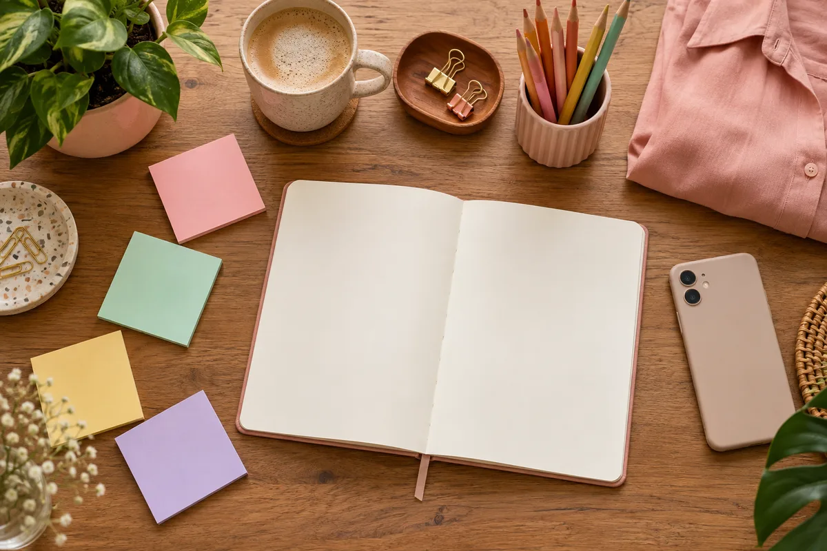 Mesa de brainstorm com bloco de anotações, lápis de cor e post-its em branco