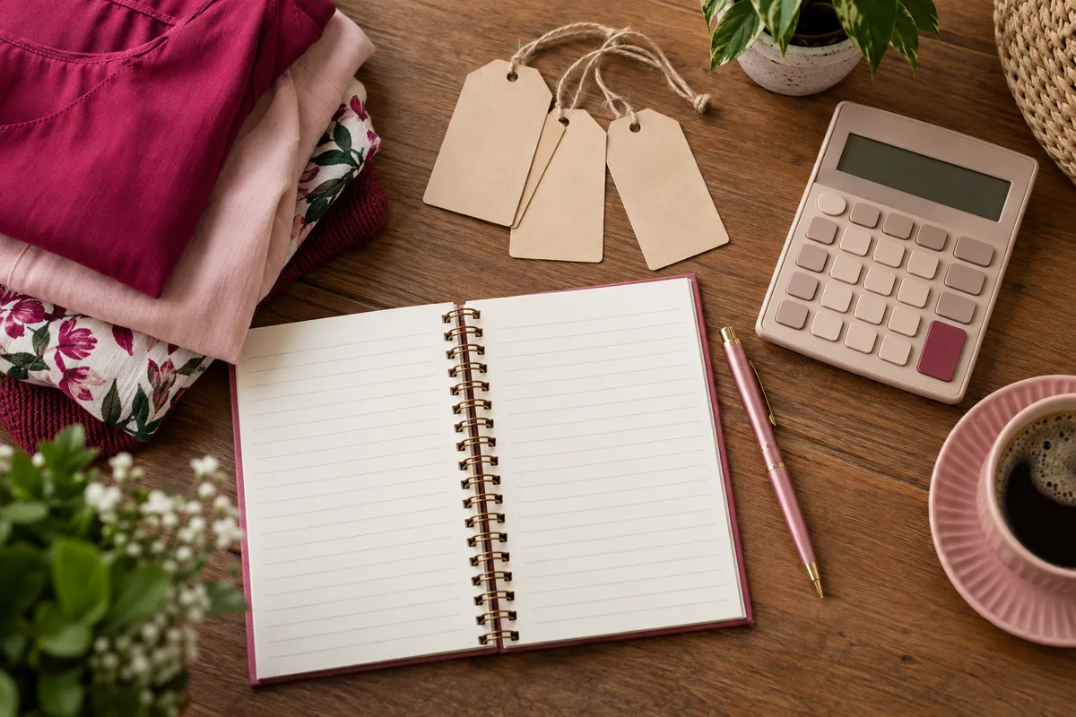 Caderno aberto com contas, calculadora e etiquetas de preço sobre a mesa