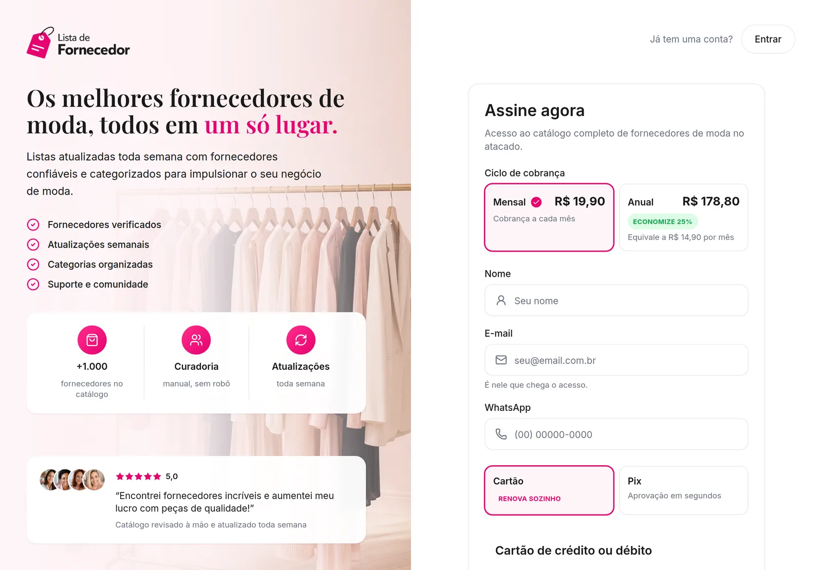 Tela de assinatura com os dois cartões de ciclo lado a lado: mensal, selecionado, e anual com a etiqueta de economia.
