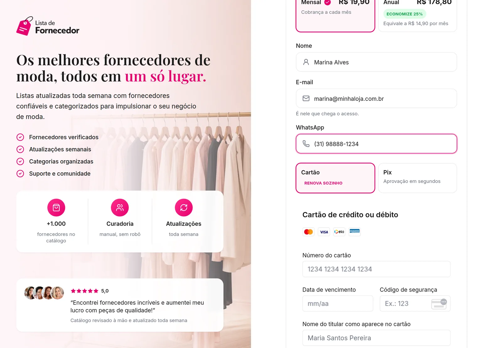 Formulário preenchido com nome, e-mail e WhatsApp, e logo abaixo o formulário de cartão de crédito com as bandeiras aceitas.